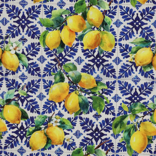 Zitronen Stoff Baumwolle Viskose – mediterranes Fliesenmuster blau weiß | Digitaldruck Sommerstoff