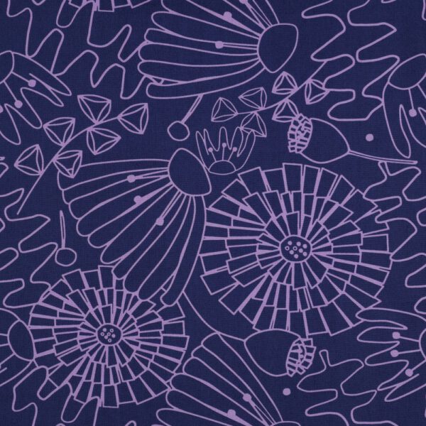 Baumwollstoff mit floralem Linienmuster in Violett auf Dunkelblau