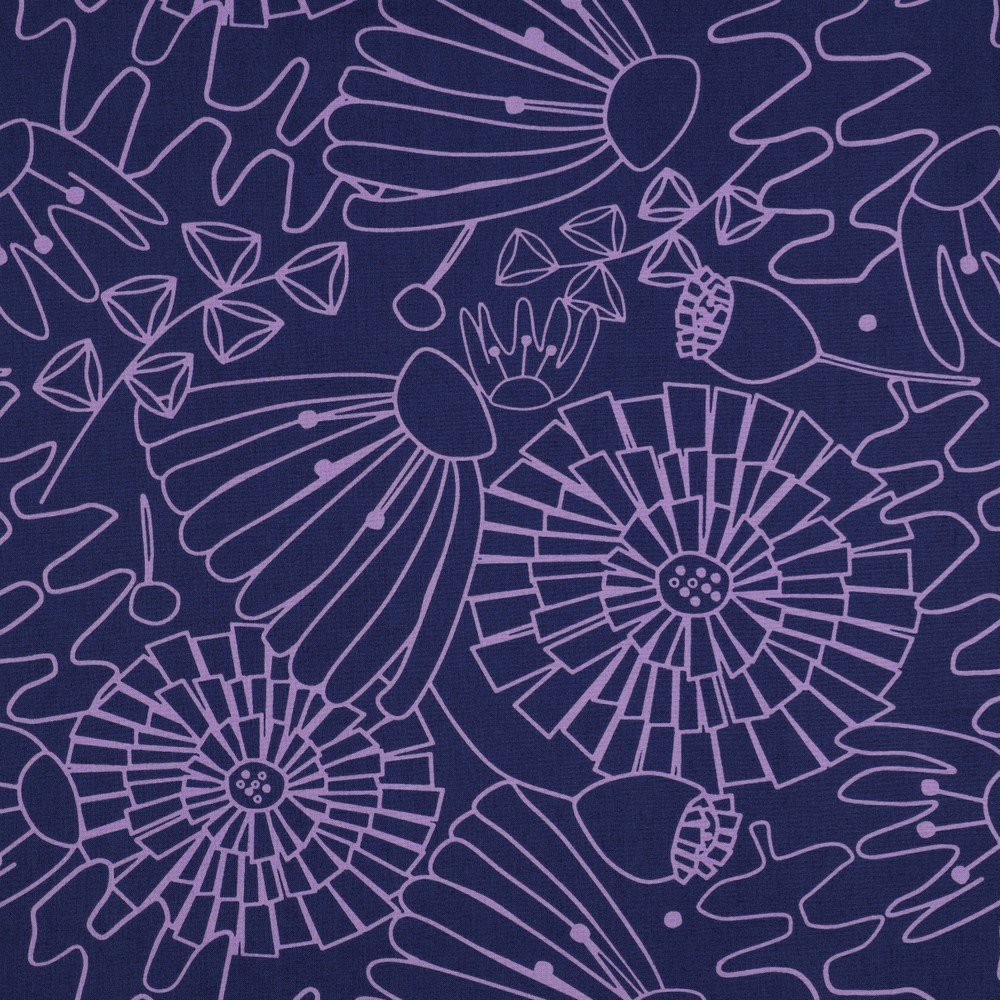 Baumwollstoff mit floralem Linienmuster in Violett auf Dunkelblau
