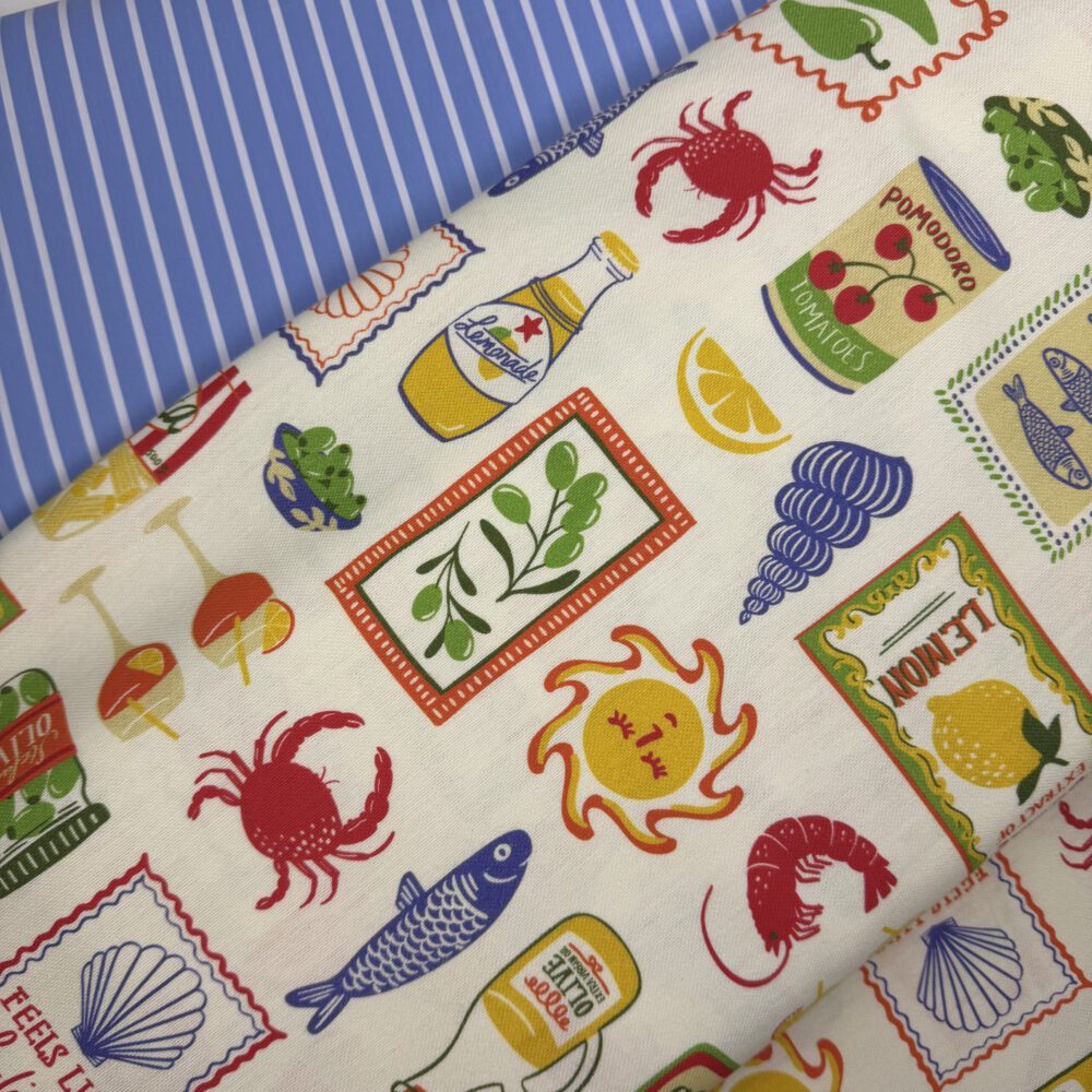 Mediterranean Summer Vibes – Hochwertiger Half-Panama Baumwollstoff mit Amalfiküsten- & Food-Print
